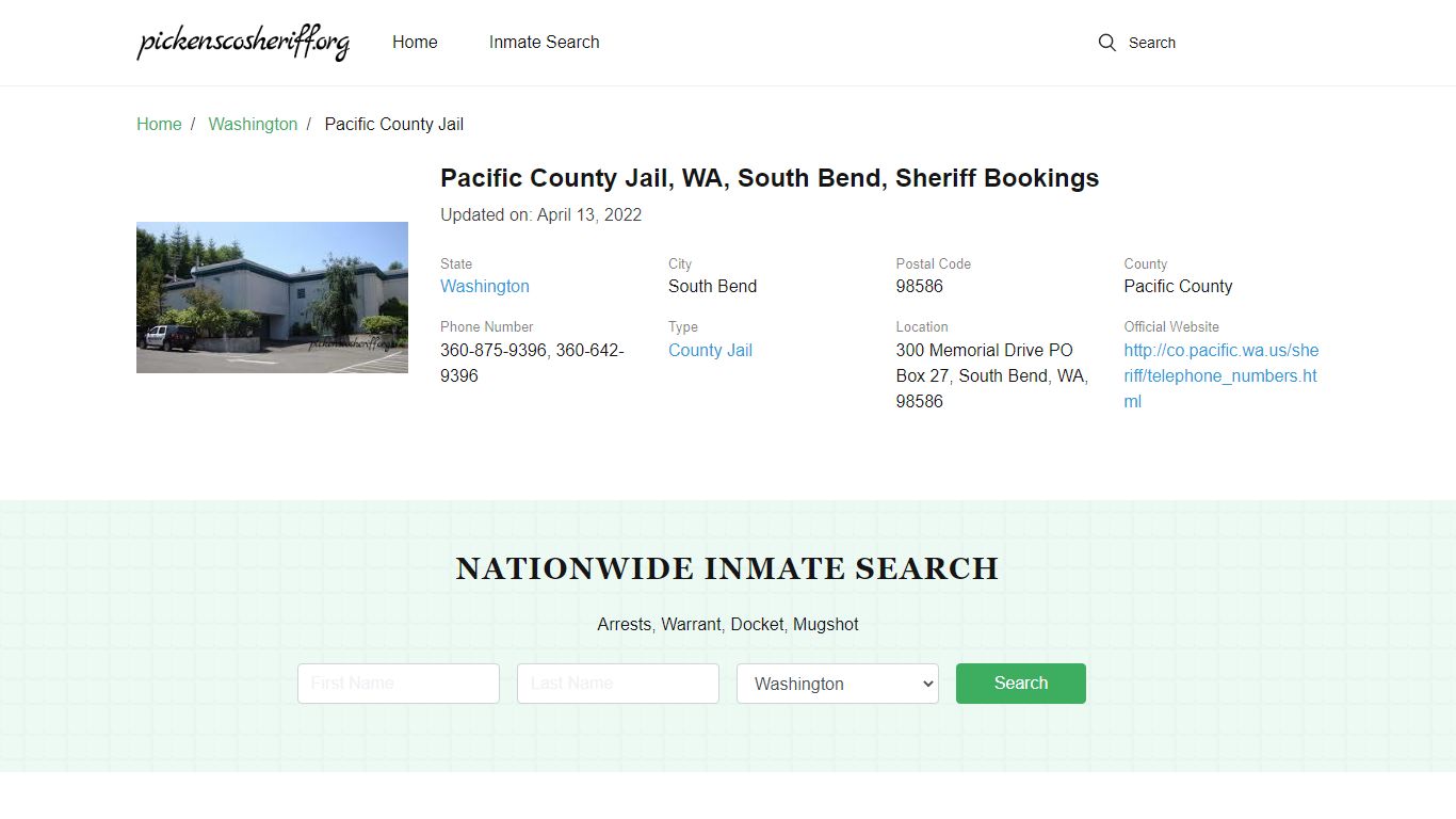 Pacific County Jail, WA, South Bend, Sheriff Bookings